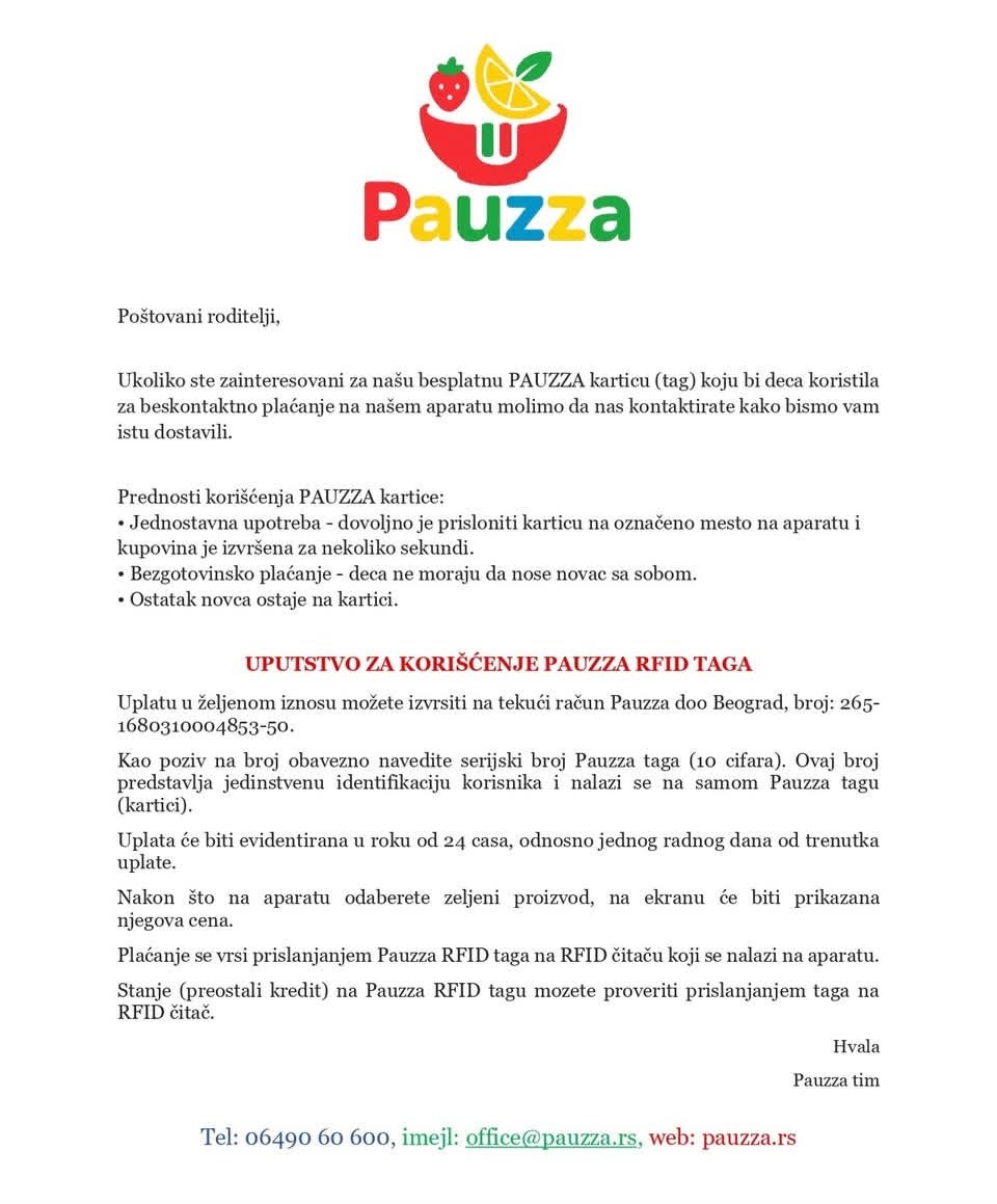 Originalno uputstvo za korišćenje Pauzza RFID kartice
